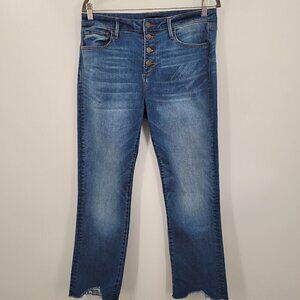 Button-Front Jagged Hem Cropped Straight-Leg Jeans